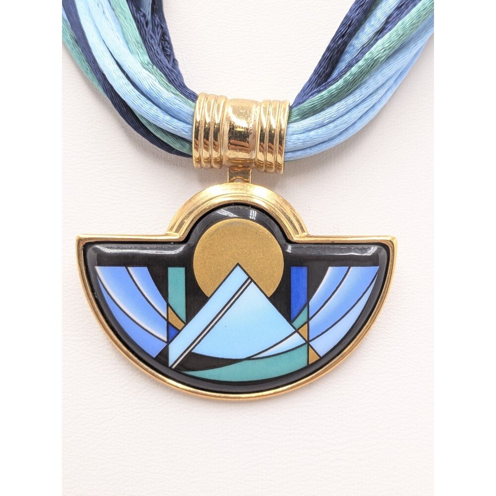 Michaela Frey Wien Vintage 24K Gold Plated Enamel Half Moon Necklace Blue 18in